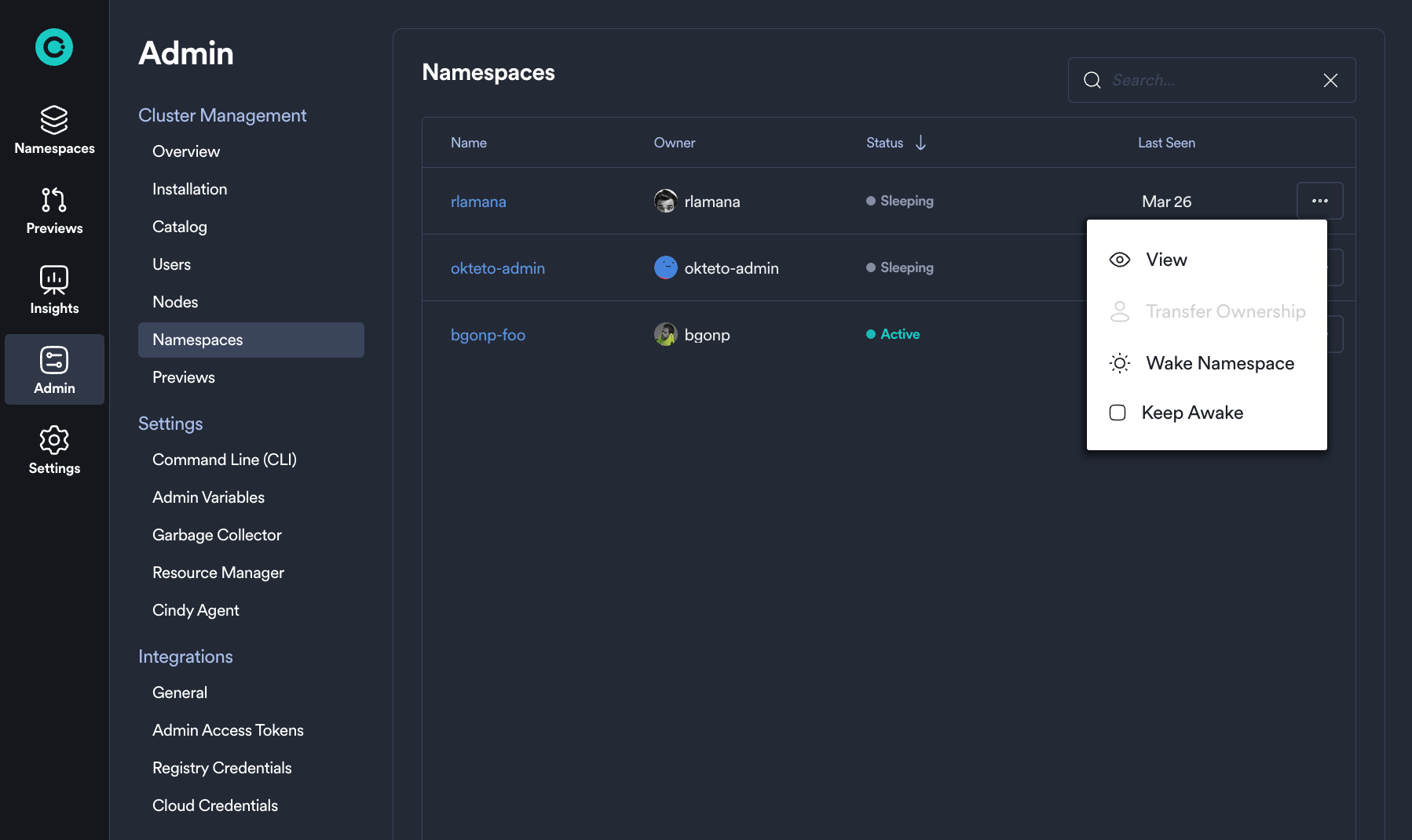 sleep option in the namespace actions dropdown menu